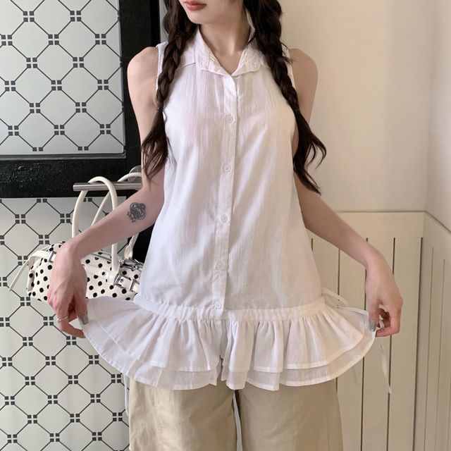 KUMI-Sleeveless Collared Plain Button Up Ruffle Trim Shirt