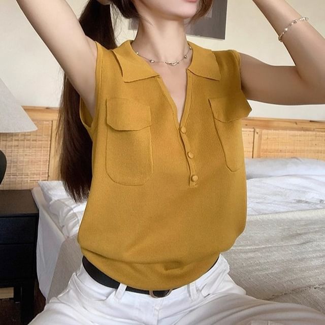 KUMI-Sleeveless Collared Plain Knit Top