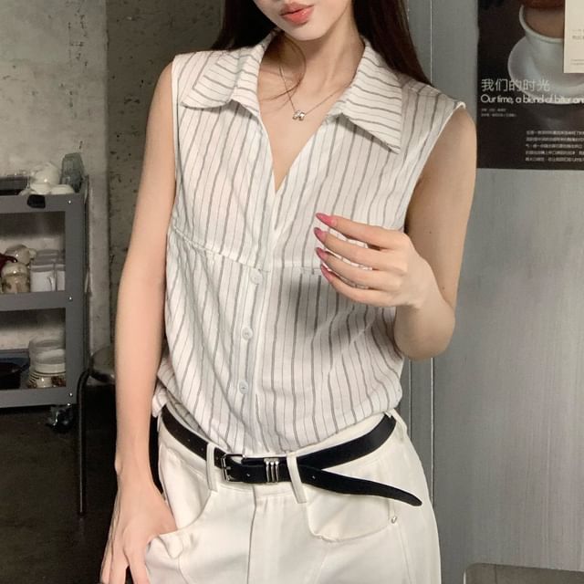 KUMI-Sleeveless Collared Striped Button Up Shirt
