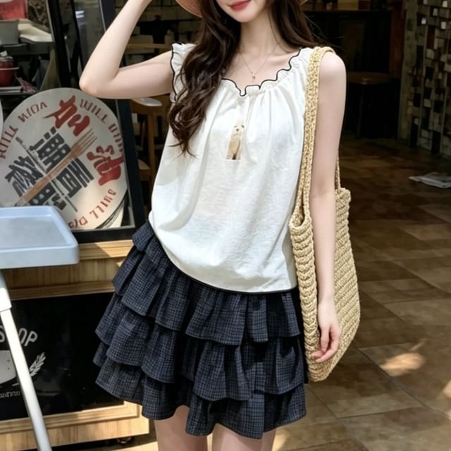 KUMI-Sleeveless U-Neck Frill Trim Plain Top
