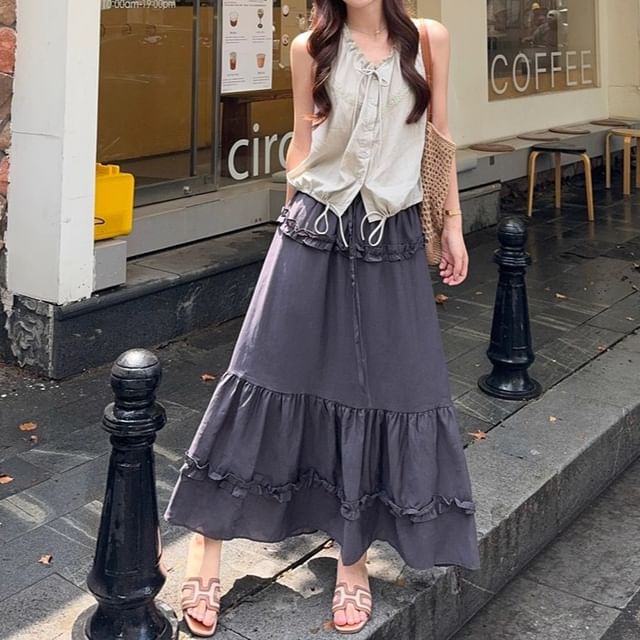 KUMI-Sleeveless V-Neck Plain Frill Drawstring Button Top High Rise Plain Ruffle Panel Maxi A-Line Skirt