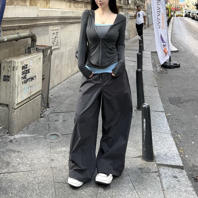 KUMI-Spaghetti Strap Cami Top Plain Zip Jacket Drawstring Waist Baggy Pants