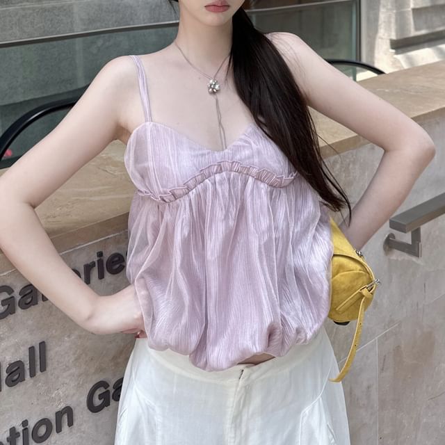 KUMI-Spaghetti Strap Scoop Neck Plain Bubble Camisole Top
