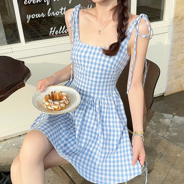 KUMI-Spaghetti Strap Square Neck Gingham Mini A-Line Dress
