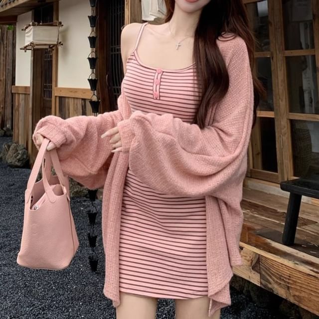 KUMI-Spaghetti Strap Striped Button Mini A-Line Dress Plain Open Front Cardigan Various Designs