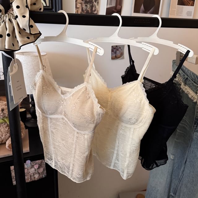 KUMI-Spaghetti Strap V-Neck Lace Bustier Top