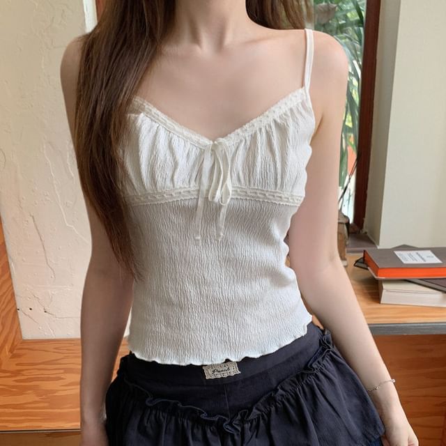 KUMI-Spaghetti Strap V-Neck Plain Tie Front Camisole Top