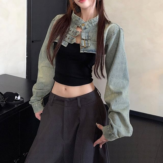 KUMI-Stand Collar Buckled Denim Shrug