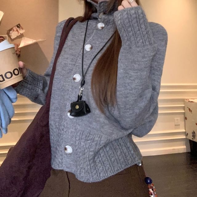 KUMI-Stand Collar Button-Up Plain Cable Knit Cardigan
