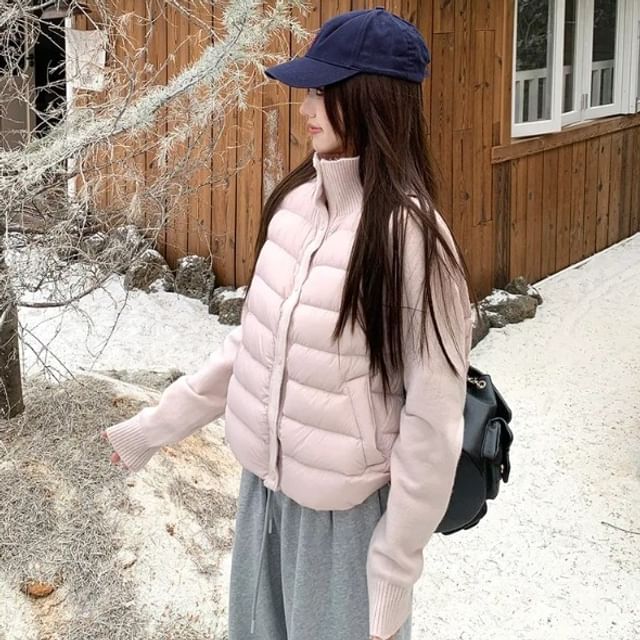 KUMI-Stand Collar Button-Up Plain Puffer Jacket