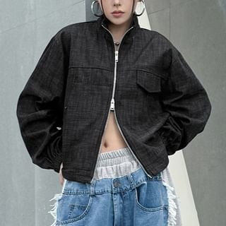 KUMI-Stand Collar Denim Zip-Up Jacket