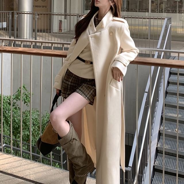 KUMI-Stand Collar Double-Breasted Plain Long Coat Long-Sleeve Asymmetrical Collar Plaid Panel Tee High Waist Hot Pants Belt Set