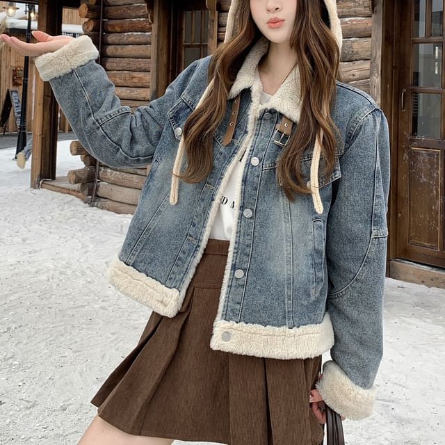 KUMI-Stand Collar Fleece-Lined Button-Up Denim Jacket