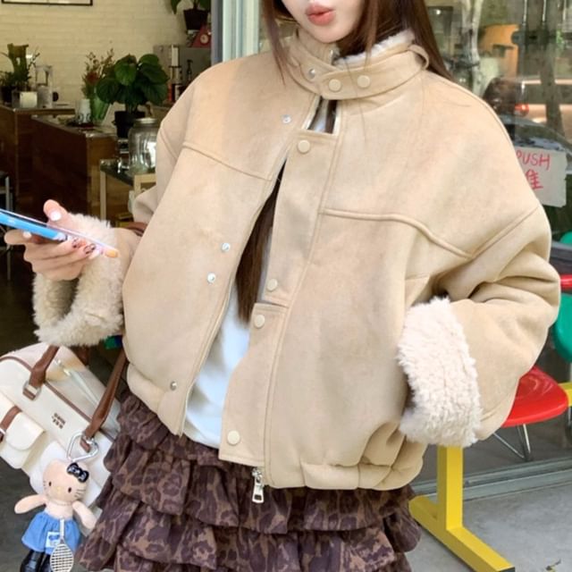 KUMI-Stand Collar Fleece Panel Zip-Up Faux Suede Crop Jacket