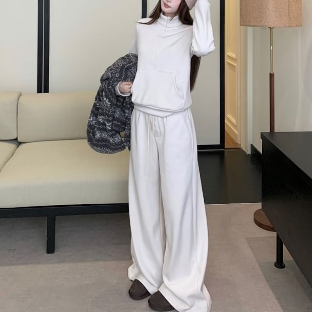 KUMI-Stand Collar Half-Zip Plain Pullover Drawstring Waist Wide Leg Sweatpants