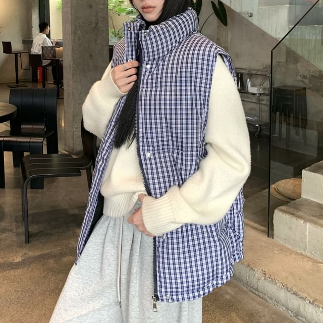 KUMI-Stand Collar Plaid Zip Puffer Vest