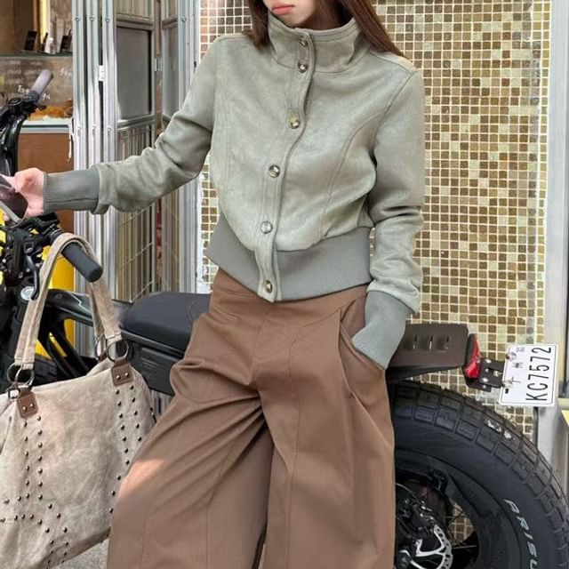 KUMI-Stand Collar Plain Button Up Jacket