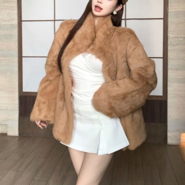 KUMI-Stand Collar Plain Faux Fur Jacket