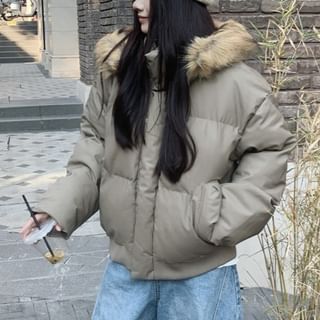 KUMI-Stand Collar Plain Fluffy Trim Hood Zip Puffer Jacket