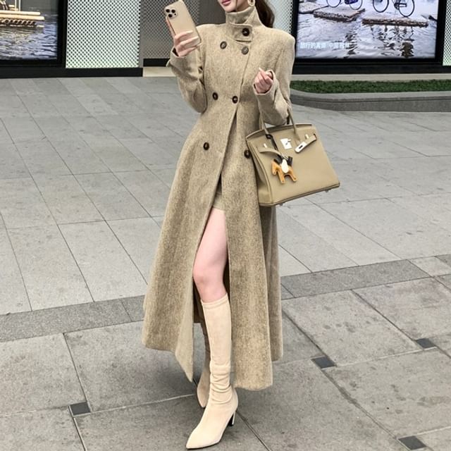 KUMI-Stand Collar Plain Maxi Double-Breasted Coat