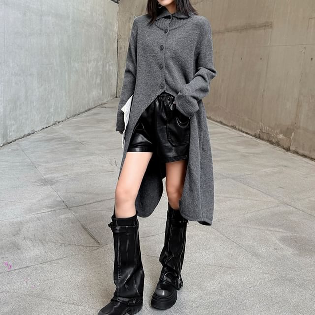 KUMI-Stand Collar Plain Midi Cardigan
