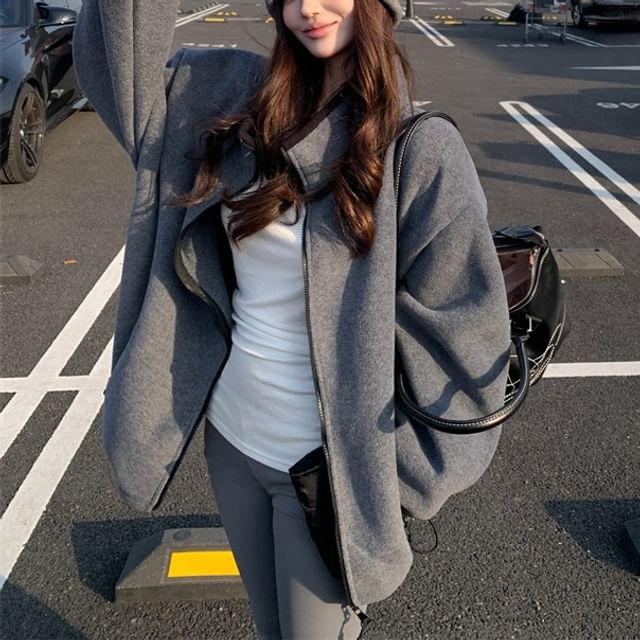 KUMI-Stand Collar Plain Oversized Zip Jacket