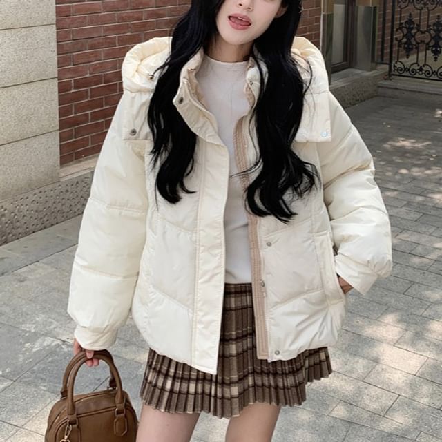 KUMI-Stand Collar Plain Padded Zip Jacket