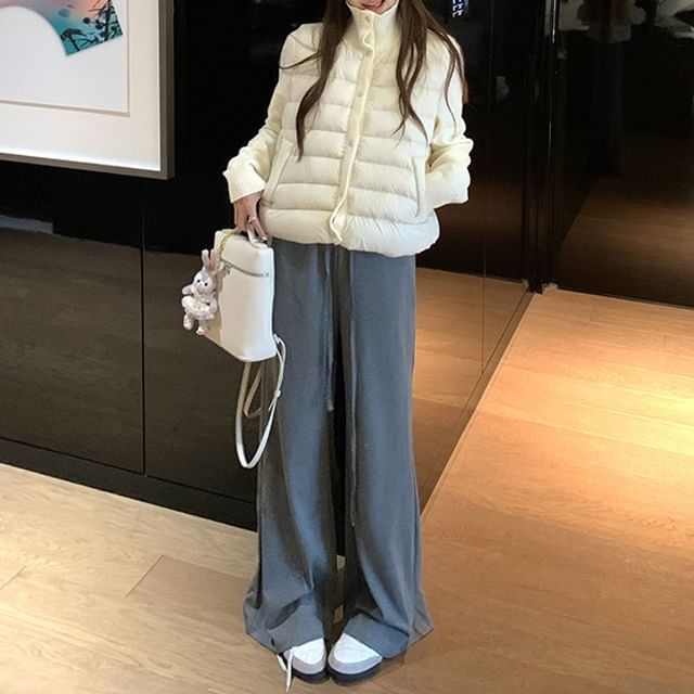 KUMI-Stand Collar Plain Panel Knit Zip Puffer Jacket Drawstring Waist Plain Wide Leg Pants