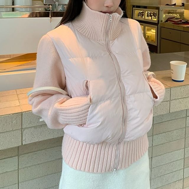 KUMI-Stand Collar Plain Panel Knit Zip Puffer Jacket
