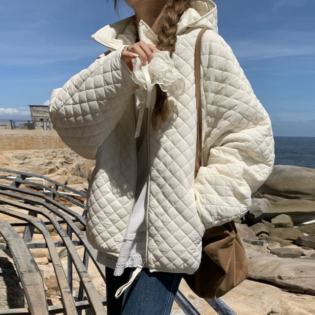 KUMI-Stand Collar Plain Quilted Hood Zip Jacket