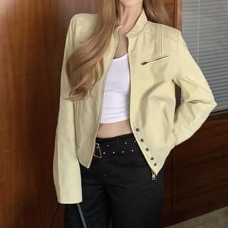 KUMI-Stand Collar Plain Zip Jacket