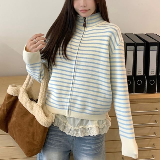 KUMI-Stand Collar Striped Zip Knit Jacket