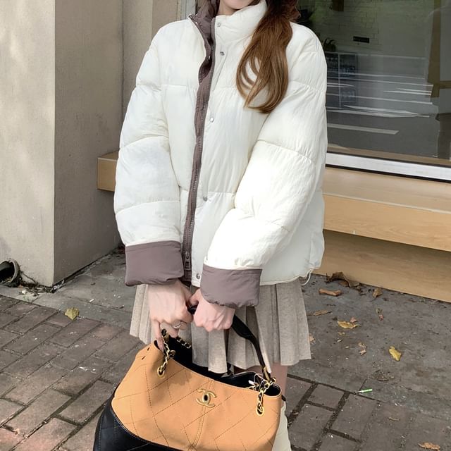 KUMI-Stand Collar Two Tone Zip-Up Puffer Jacket