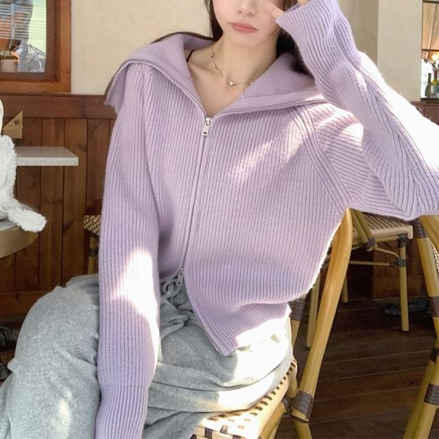 KUMI-Stand Collar Zip-Up Plain Cardigan