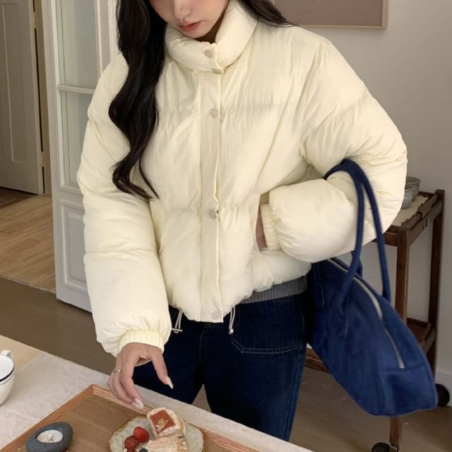 KUMI-Stand Collar Zip-Up Plain Crop Puffer Jacket