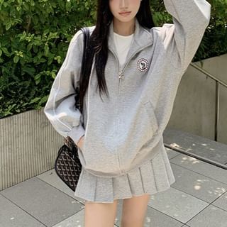 KUMI-Stand Collar Zip-Up Plain Jacket Mini Pleated Skirt