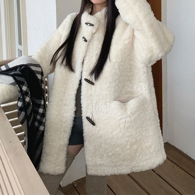 KUMI-Stand Collared Plain Toggle Fleece Coat