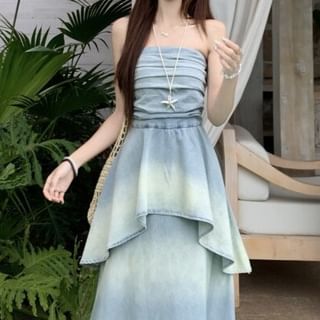 KUMI-Strapless Gradient Ruched Maxi A-Line Dress