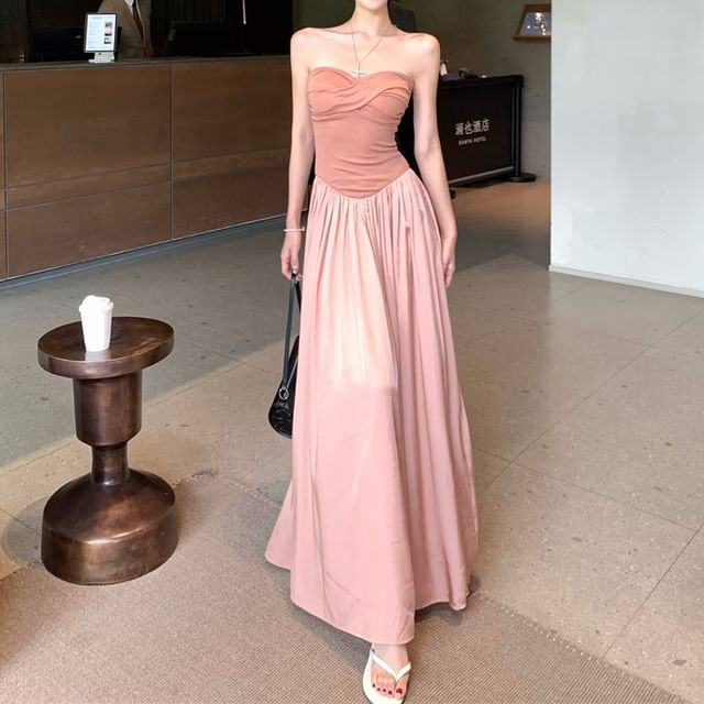 KUMI-Strapless Two Tone Ruched Maxi A-Line Dress