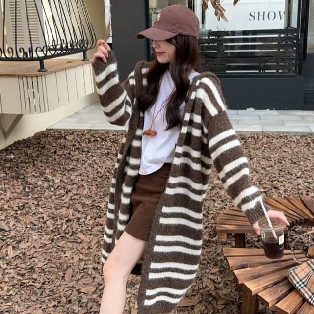 KUMI-Striped Drawstring Hooded Cardigan Various Designs