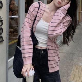 KUMI-Striped Hooded Button-Up Cardigan