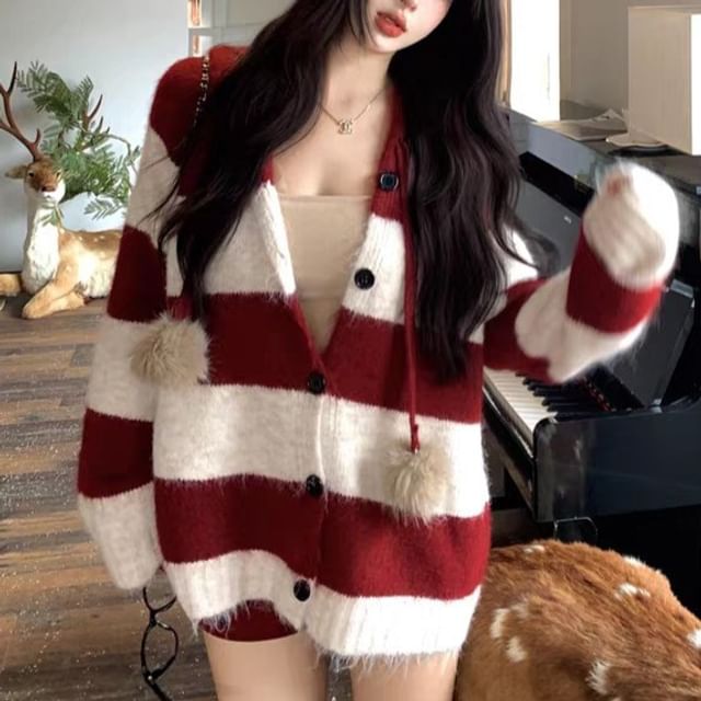 KUMI-Striped Hooded Button-Up Cardigan