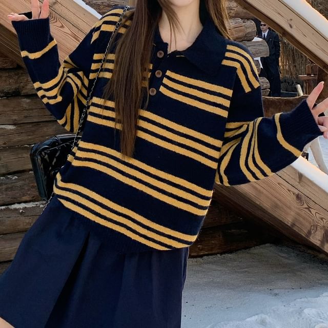 KUMI-Striped Polo Sweater