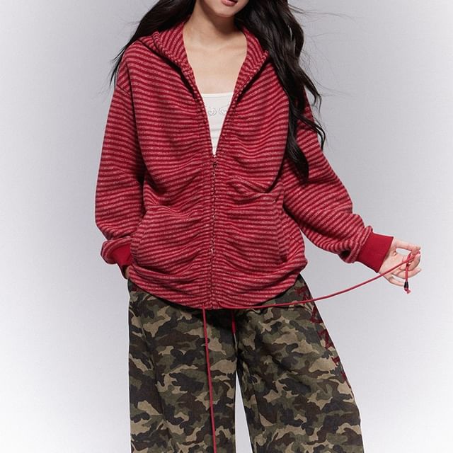 KUMI-Striped Zip-Up Hoodie