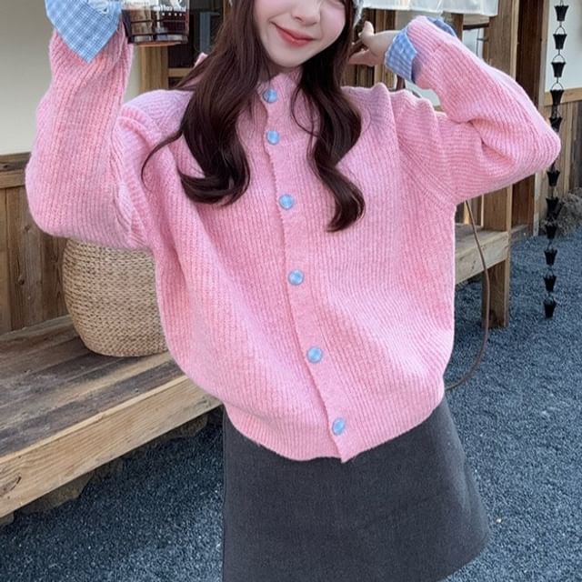 KUMI-Turtleneck Button-Up Plain Cardigan