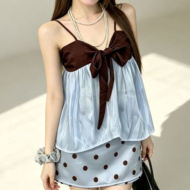 KUMI-Two-Tone Bow Sheer Camisole Top