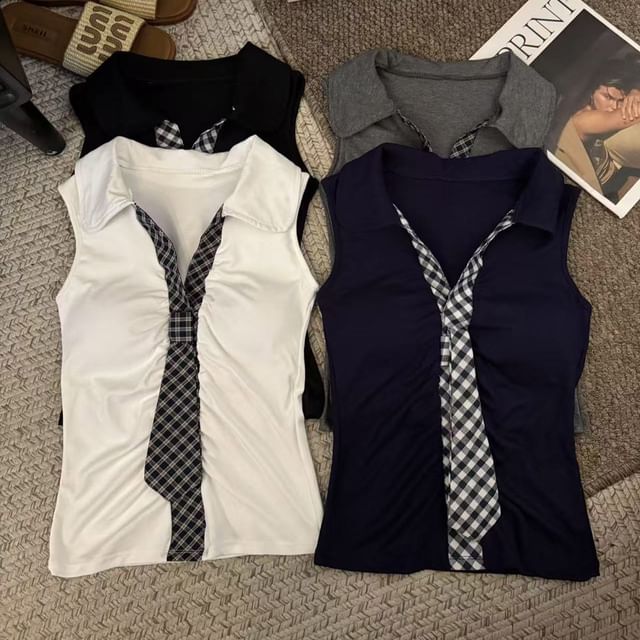 KUMI-V-Neck Collared Plaid Panel Padded Crop Tank Top