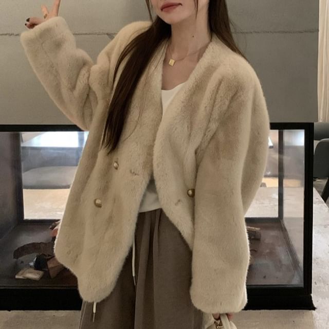 KUMI-V-Neck Fluffy Double-Breasted Plain Jacket