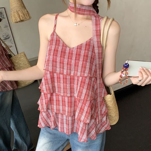 KUMI-V-Neck Plaid Cami Top