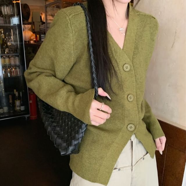 KUMI-V-Neck Plain Button-Up Cardigan